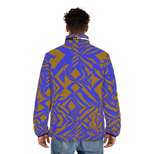 Geometric Tribal Print Puffer Jacket — Bold Blue & Ochre All-Over