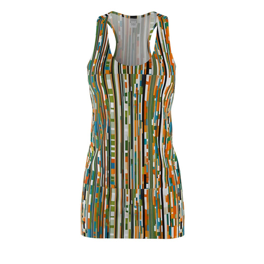 Abstract Striped Racerback Dress — Retro Olive & Orange Geometric Print Printify bakabo.club