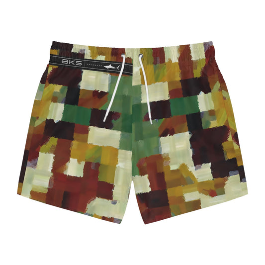 Men's Abstract Camo Swim Trunks — Green & Earth Tone All-Over Print