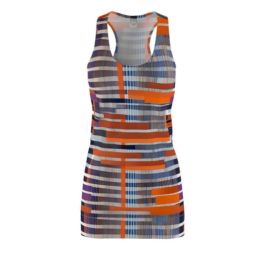 Geometric Stripe Racerback Dress — Modern Orange & Navy All-Over Print