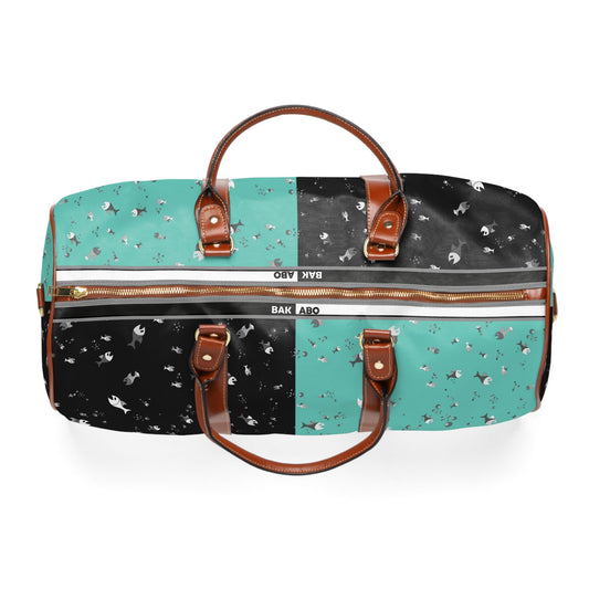 Aqua & Noir Splatter Waterproof Travel Bag — Durable Weekend Duffle for Beach, Gym & Getaways Printify bakabo.club