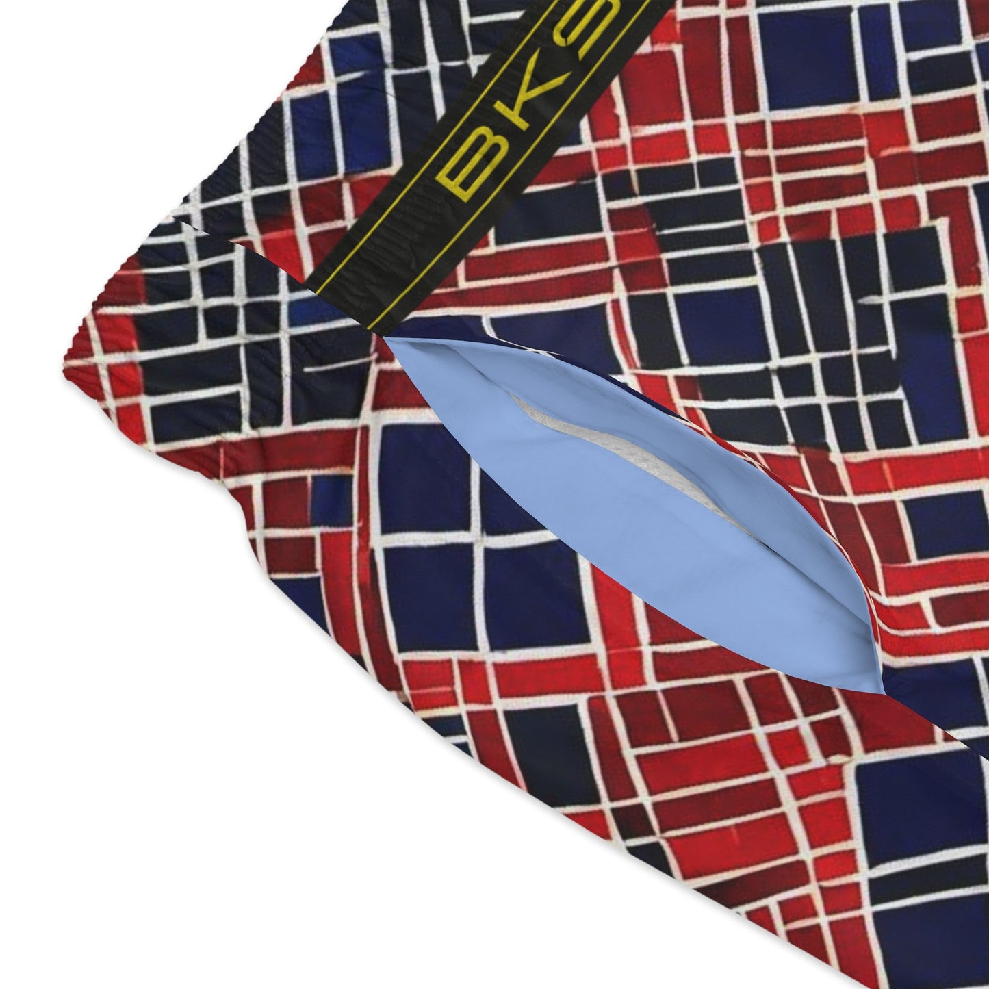 Red & Navy Geometric Swim Trunks — All-Over Plaid Grid Pattern Printify bakabo.club