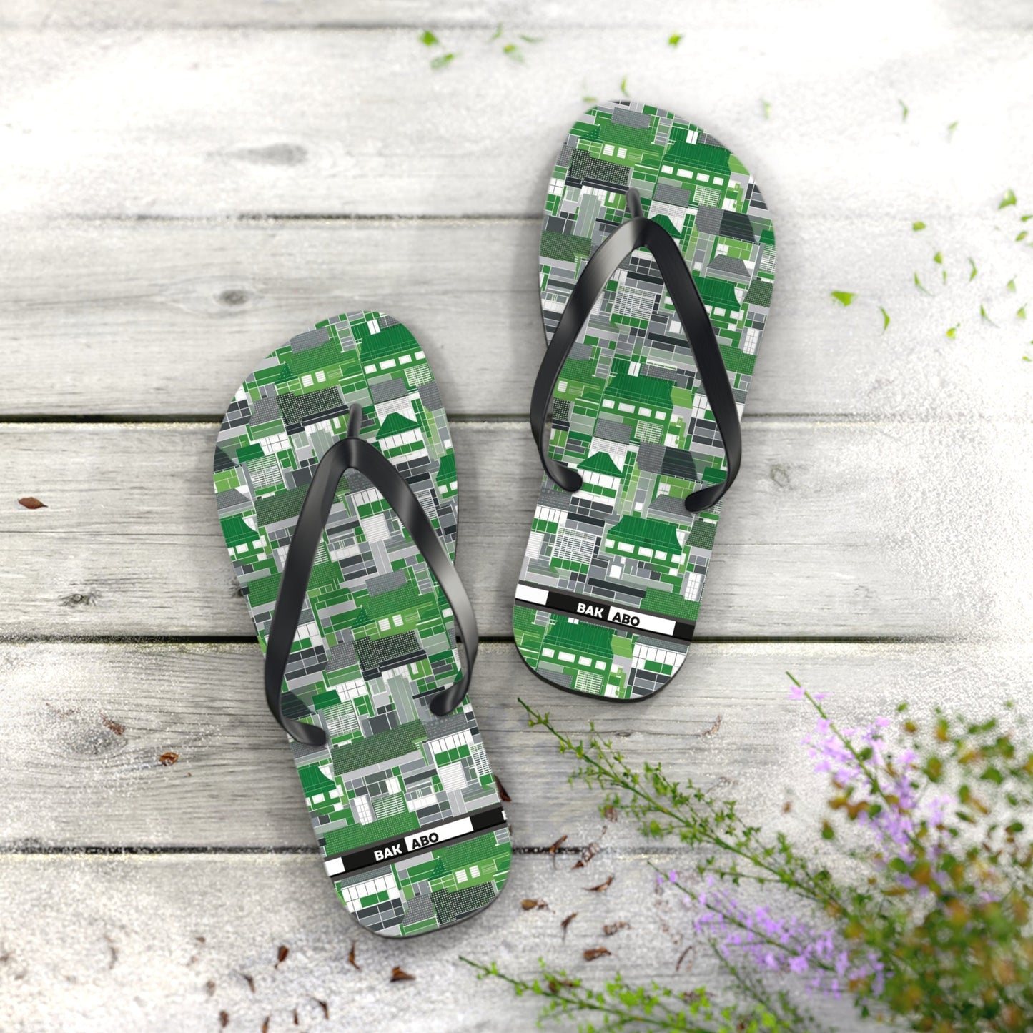 Green Geometric Flip Flops — Modern Pixelated Pattern Beach Sandals Printify bakabo.club