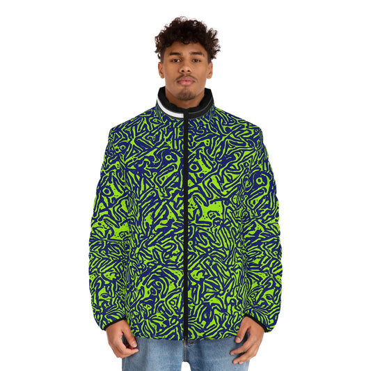 Men's Neon Abstract Puffer Jacket — Green & Navy All-Over Print Printify bakabo.club