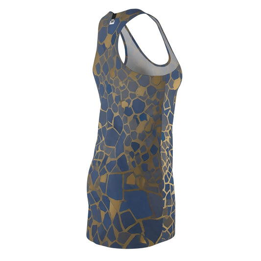 Blue & Gold Mosaic Racerback Dress — Abstract Tile Pattern