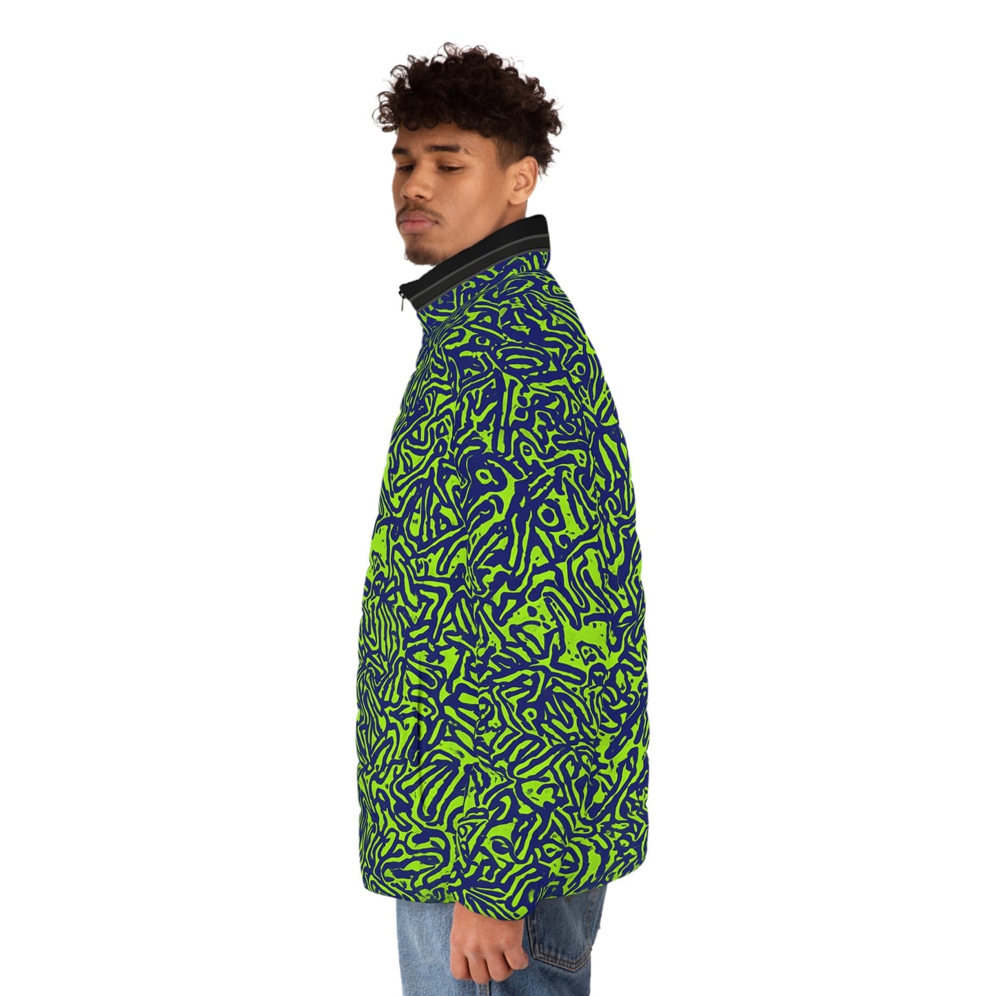 Men's Neon Abstract Puffer Jacket — Green & Navy All-Over Print Printify bakabo.club