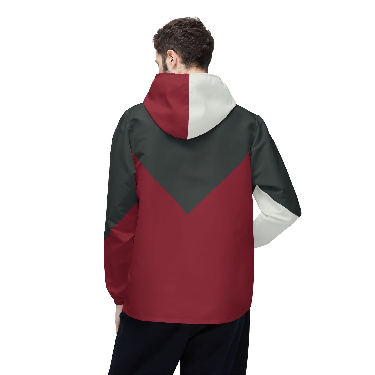 Colorblock Chevron Windbreaker Jacket — Red, Charcoal & White Hooded Jacket Printify bakabo.club