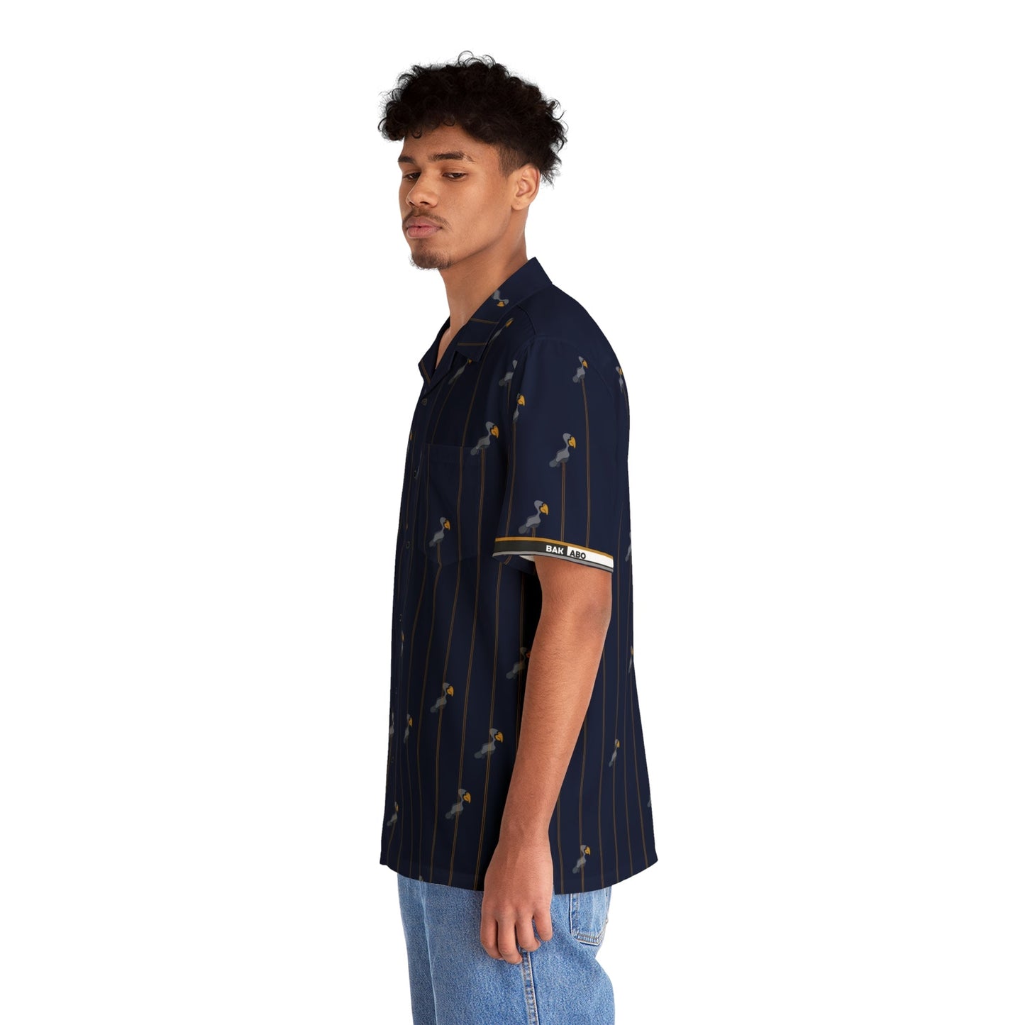 Navy Palm Stripe Hawaiian Shirt — Tropical Retro Aloha Button-Up