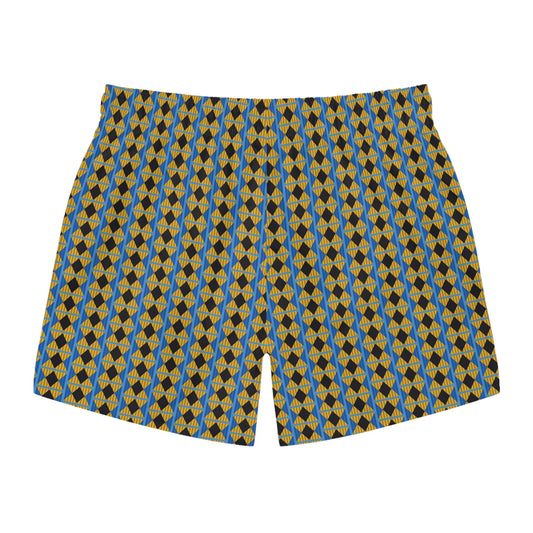 Geometric Blue & Gold Swim Trunks — Retro Diamond All-Over Print Printify bakabo.club