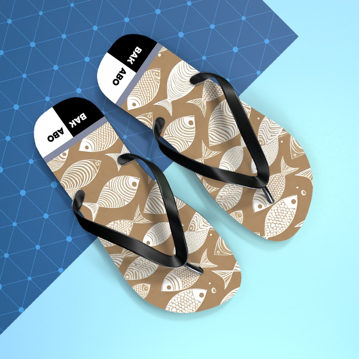 Beach Fish Pattern Flip Flops — Neutral Tan Nautical Sandals Printify bakabo.club