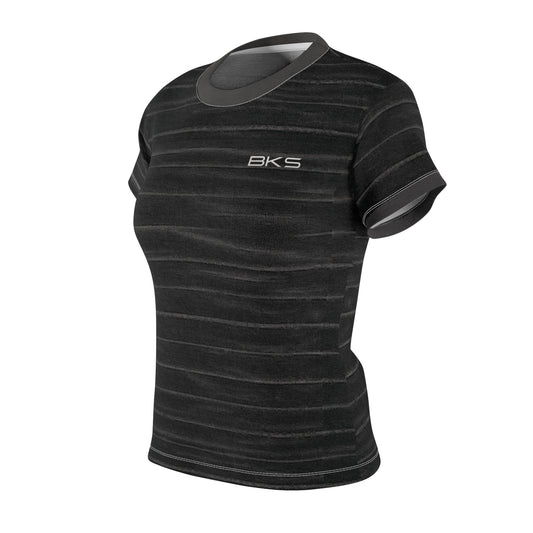 Women’s Black Washed Stripe Tee — ‘BKS’ Minimal Logo Printify bakabo.club