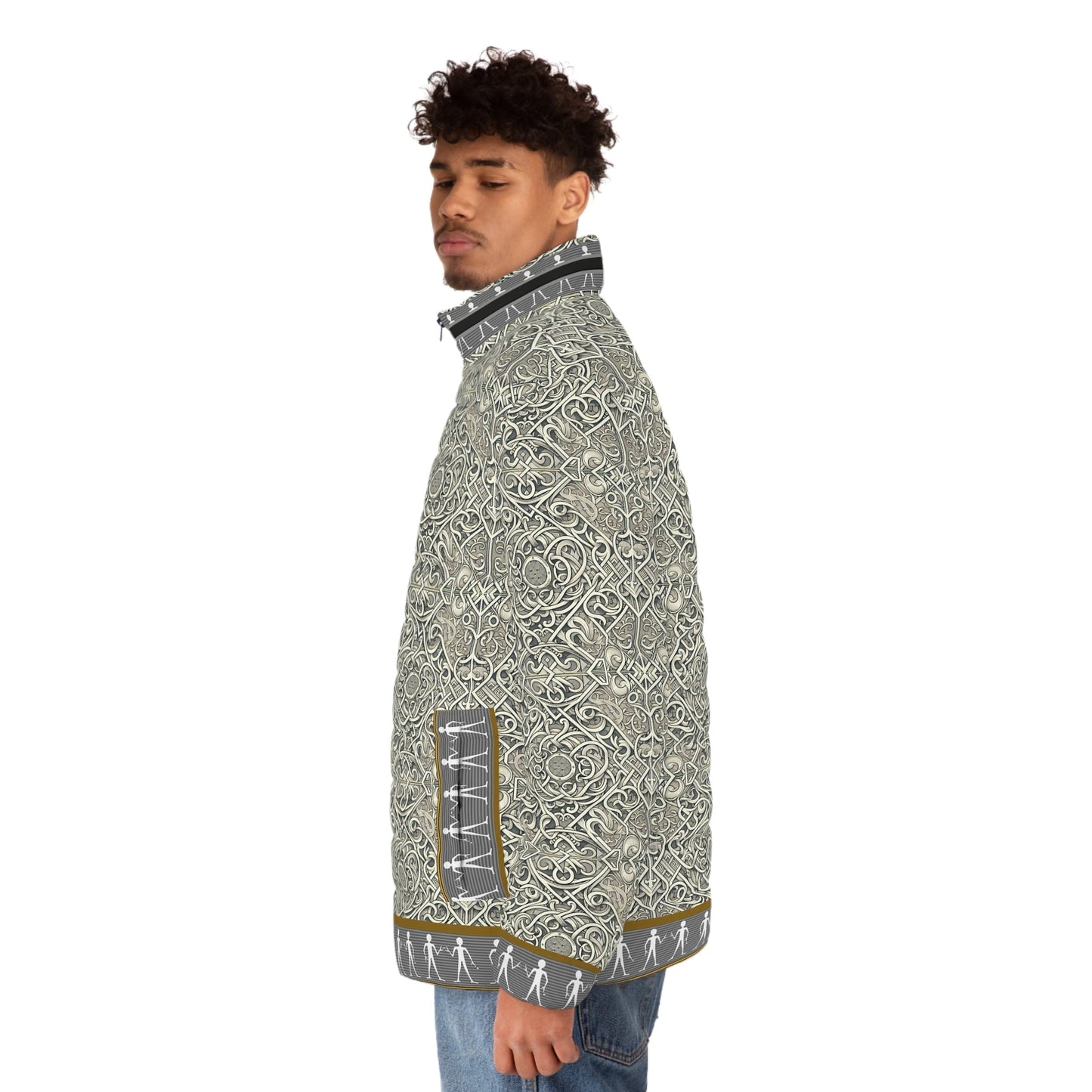Patterned Men’s Puffer Jacket — Intricate Geometric AOP Design