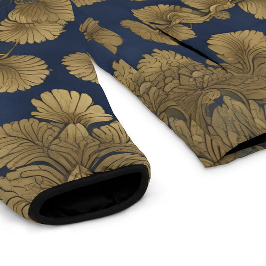 Men's Floral Puffer Jacket — Navy & Gold Botanical Print