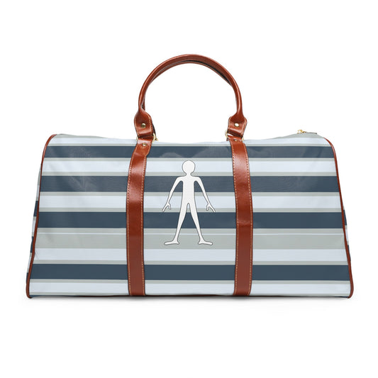 Striped Waterproof Travel Duffel Bag — Nautical Grey Stripes with Minimalist Figure Printify bakabo.club