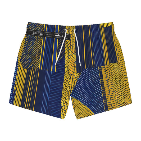 Men's Blue & Gold Geometric Swim Trunks – Striped AOP Beach Shorts