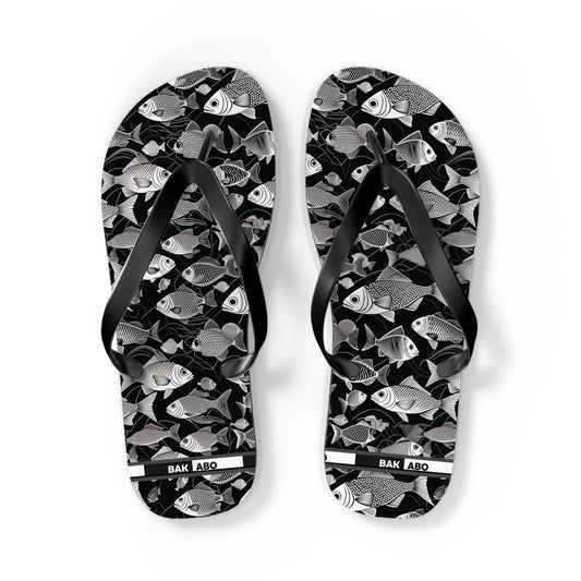 Tropical Fish Flip Flops — Black & White Beach Sandals with Fish Pattern Printify bakabo.club