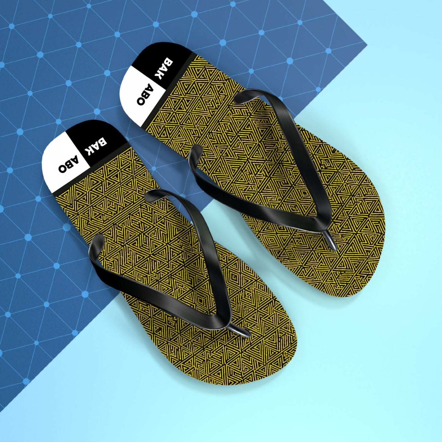 Patterned Flip Flops – Olive Geometric Beach Sandals with 'BAK | ABO' Accent Printify bakabo.club