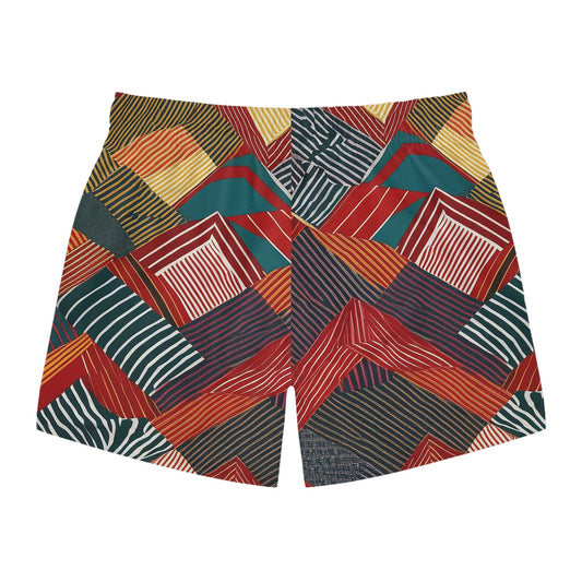 Abstract Geo Stripe Swim Trunks - Bold Red Green Patterned Beach Shorts Printify bakabo.club