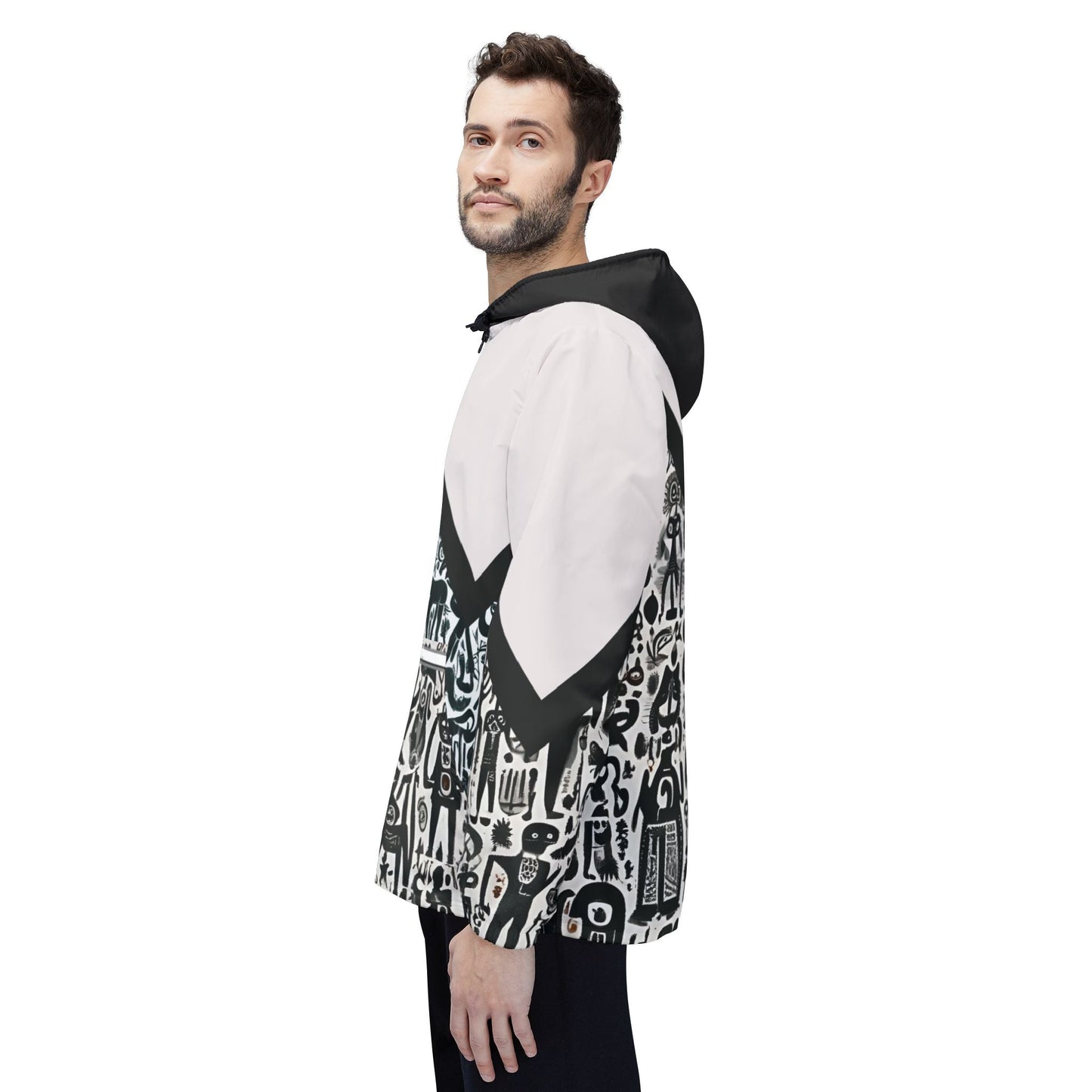 Monochrome Doodle Windbreaker Jacket – Abstract Tribal Pattern Printify bakabo.club