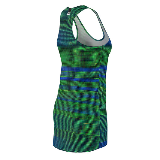 Racerback Dress — Blue & Green Pixel Stripe All-Over Print