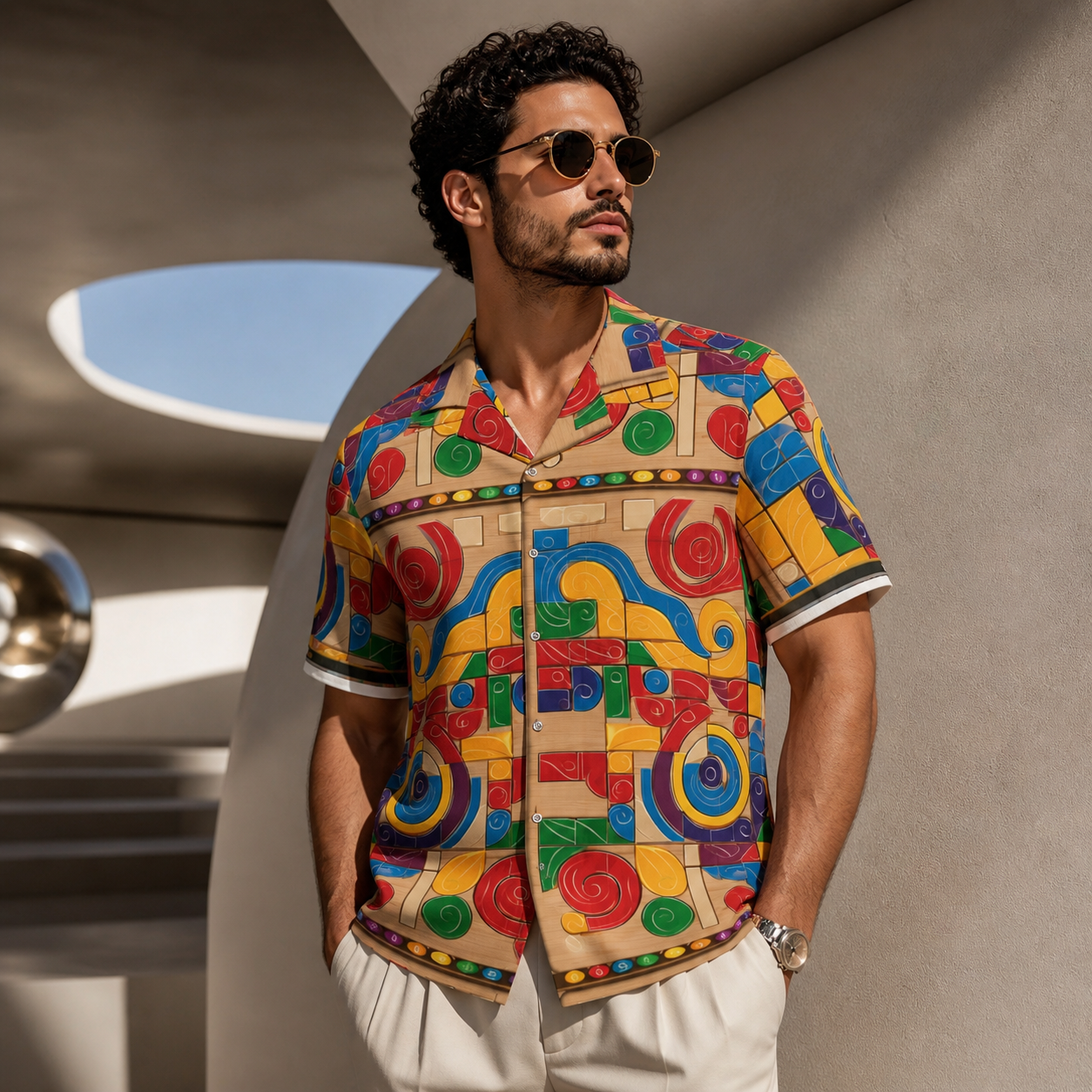 Colorful Geometric Hawaiian Shirt — Retro Abstract Pattern AOP