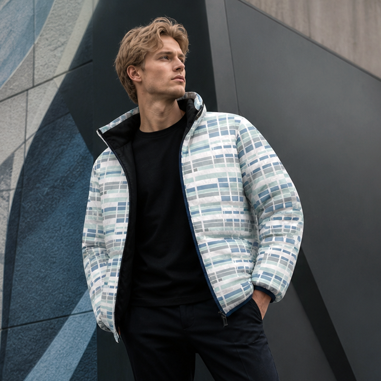 Men's Puffer Jacket — Cool Blue Geometric Plaid All-Over Print