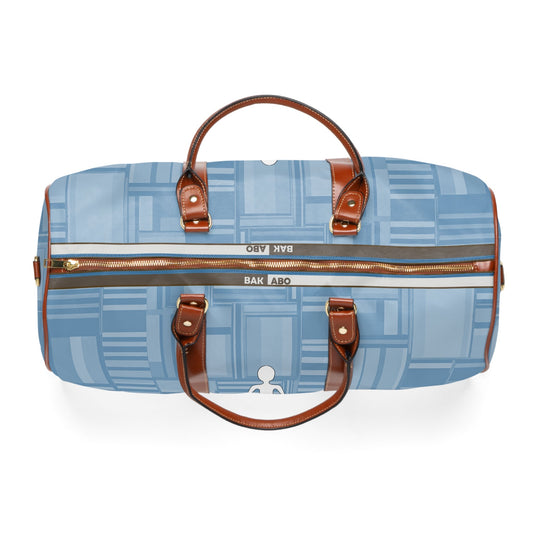 Blue Geometric Waterproof Travel Bag with Minimalist Stick Figure Printify bakabo.club