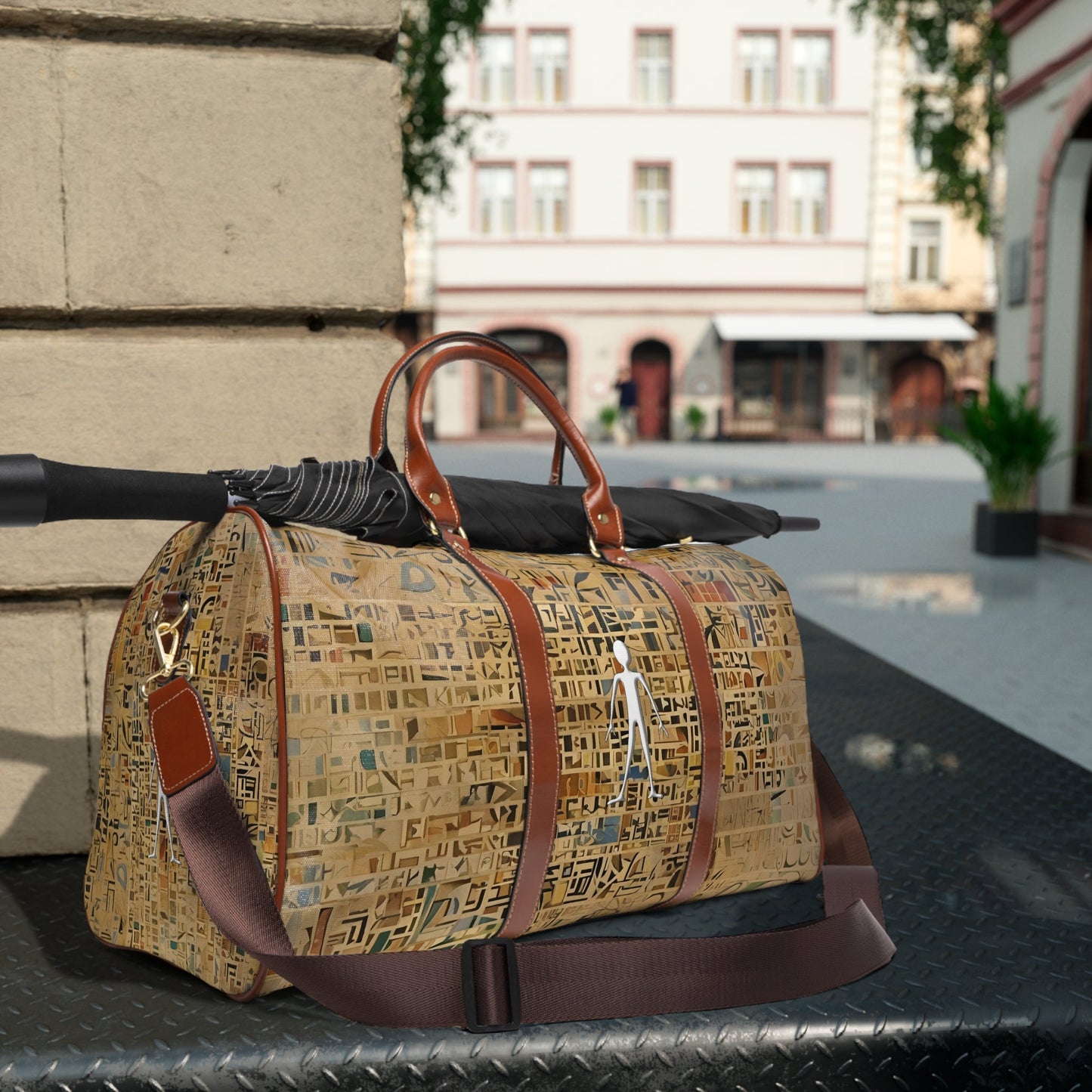 Waterproof Travel Duffel Bag — Abstract Mosaic Pattern with Stick Figure Printify bakabo.club