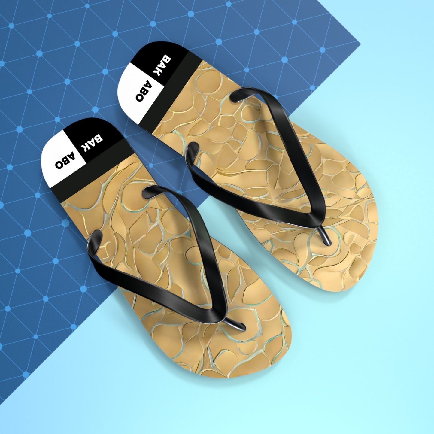 Flip Flops - Gold Marble Beach Sand Pattern with 'BAK ABO' Accent Printify bakabo.club