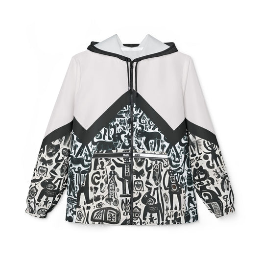 Monochrome Doodle Windbreaker Jacket – Abstract Tribal Pattern Printify bakabo.club