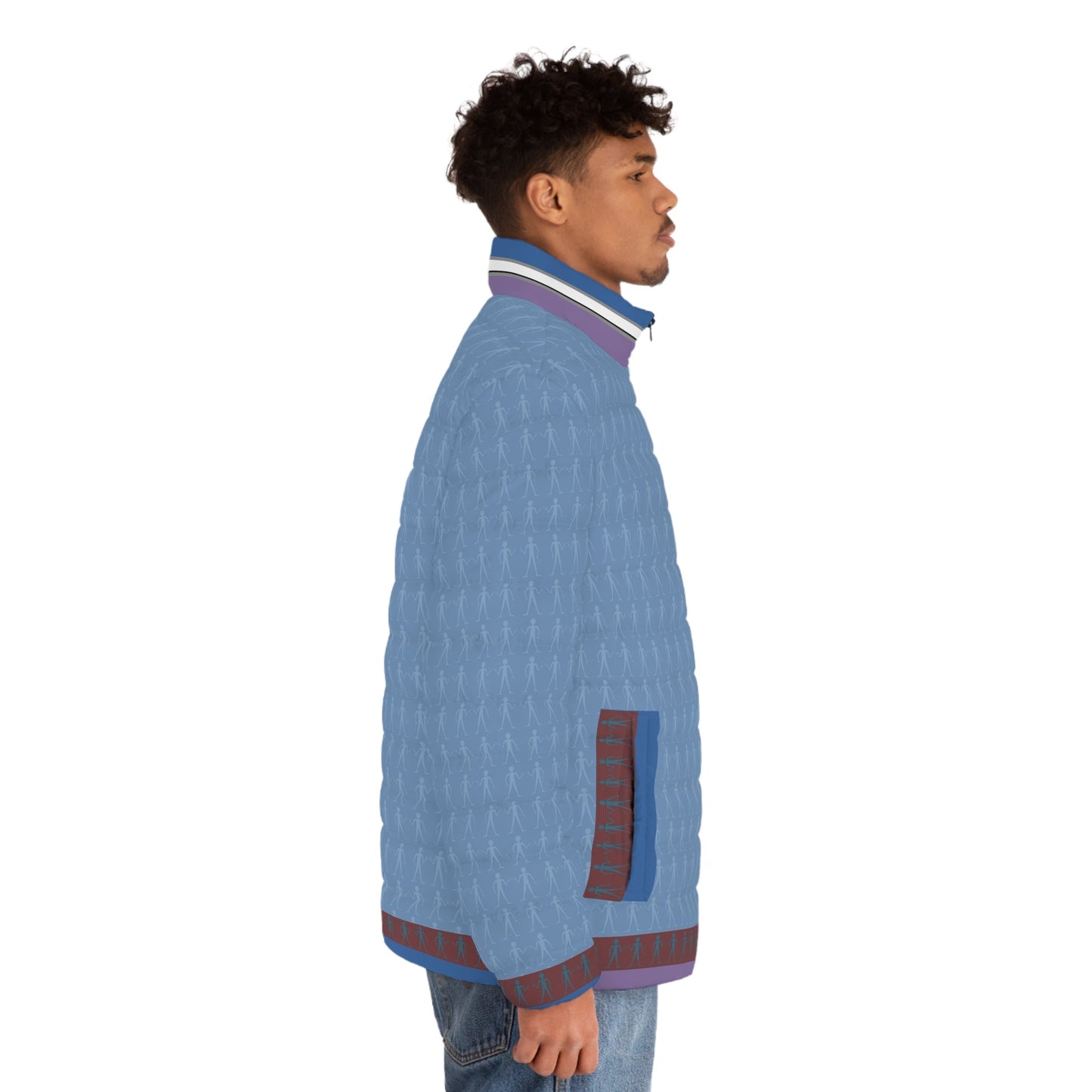 Men's Quilted Puffer Jacket — Light Blue Patterned All-Over Print