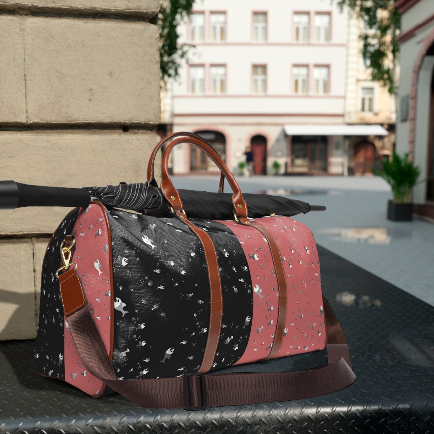 Speckled Two-Tone Waterproof Travel Duffle Bag — Black & Rose Weekend Bag Printify bakabo.club
