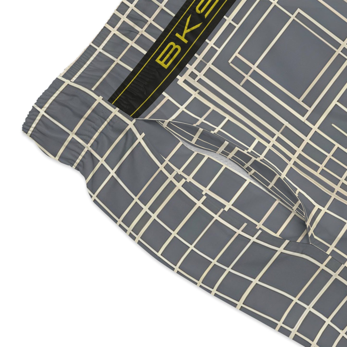 Geometric Grid Swim Trunks — Grey Plaid All-Over Print Printify bakabo.club