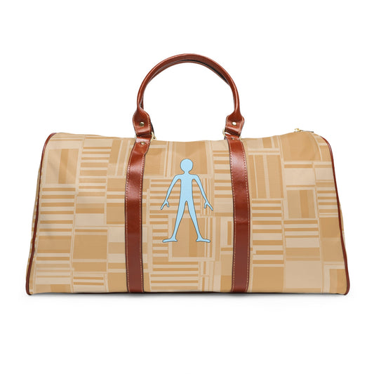 Waterproof Travel Bag — Beige Geometric Weekender with Blue Stick Figure Printify bakabo.club