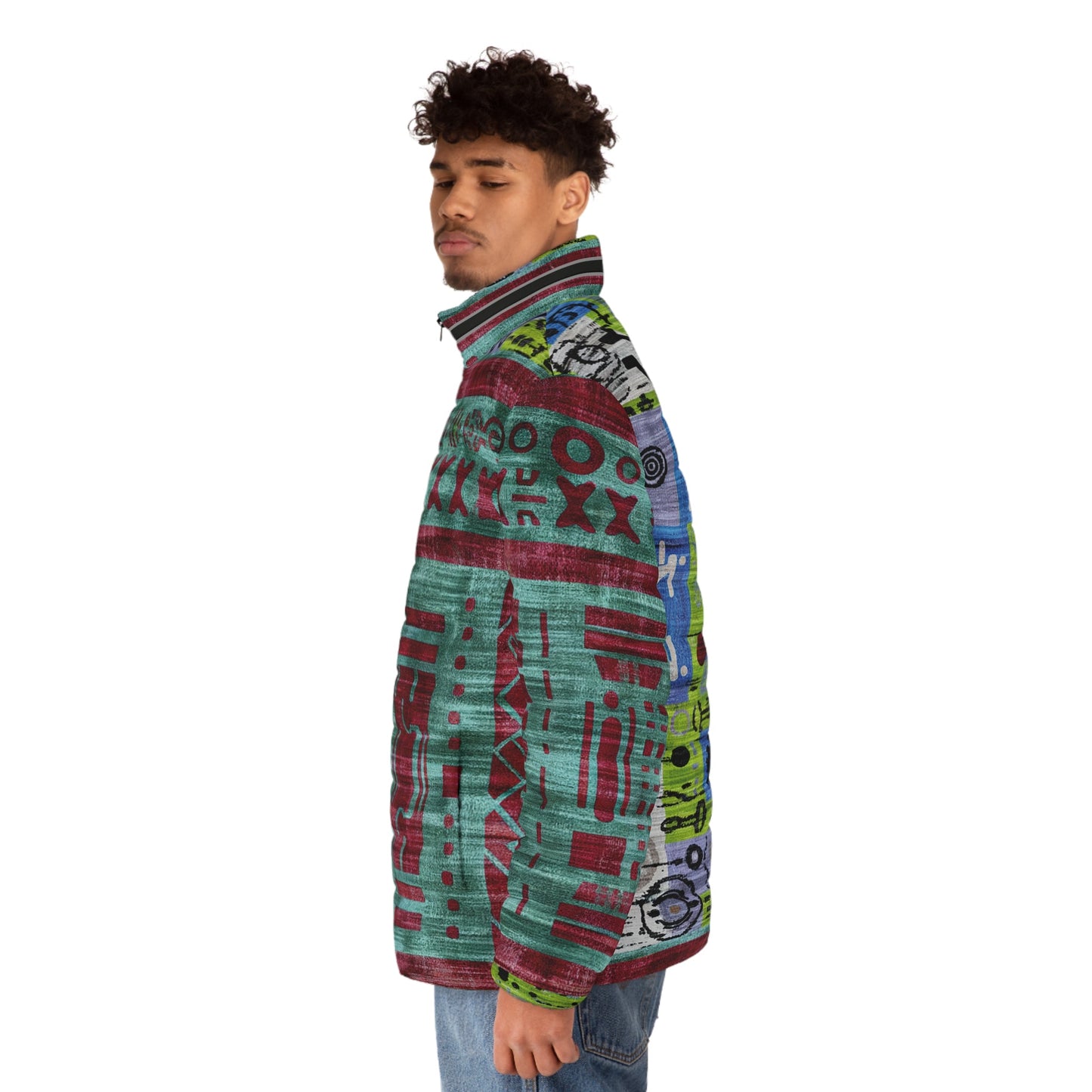 Men's Puffer Jacket — Retro Tech Graphic All-Over Print Printify bakabo.club