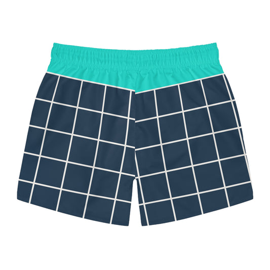 Riviera Coast Grid Blue™ Swim Trunks — worn, studio