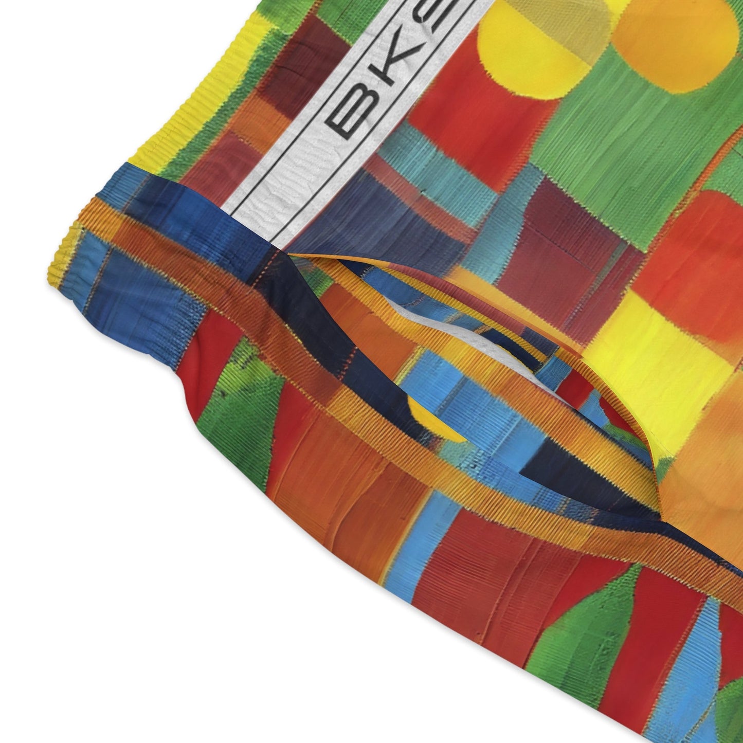 Color Block Mosaic Swim Trunks — Bold Abstract All-Over Print