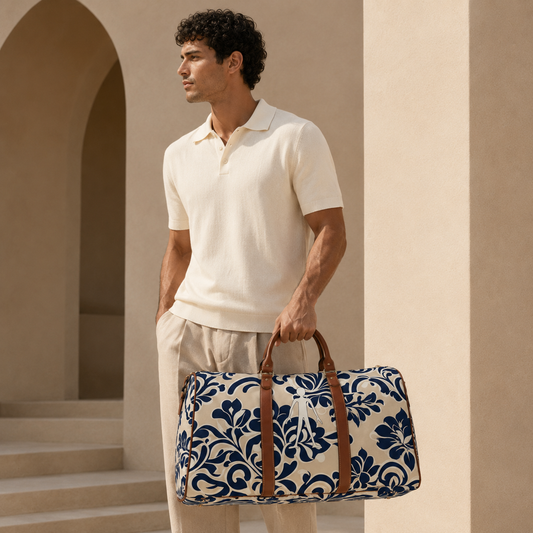 Man holding a BKS blue floral duffel bag in front of beige architectural background