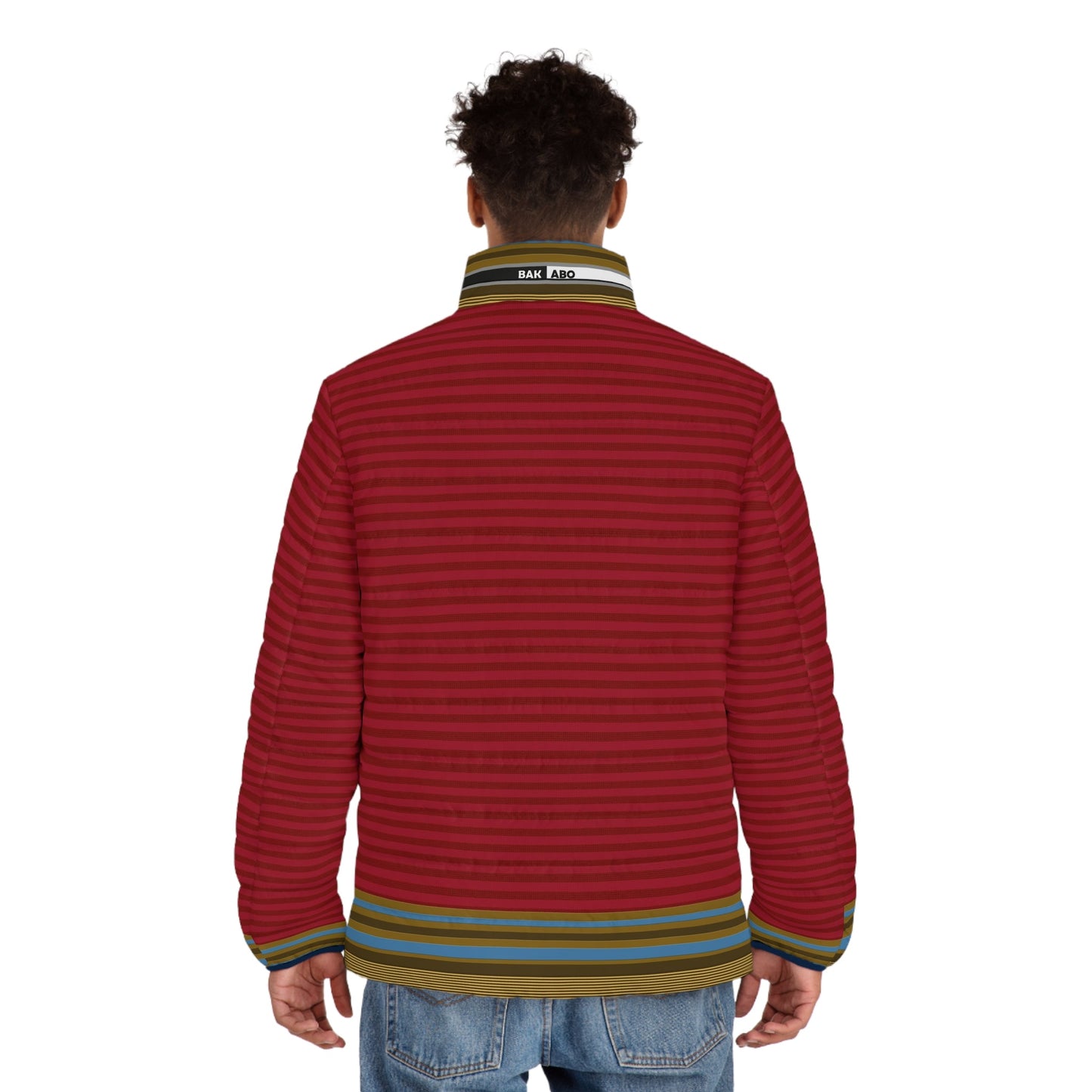 Men's Red Striped Puffer Jacket — Retro Multicolor Trim... Printify bakabo.club