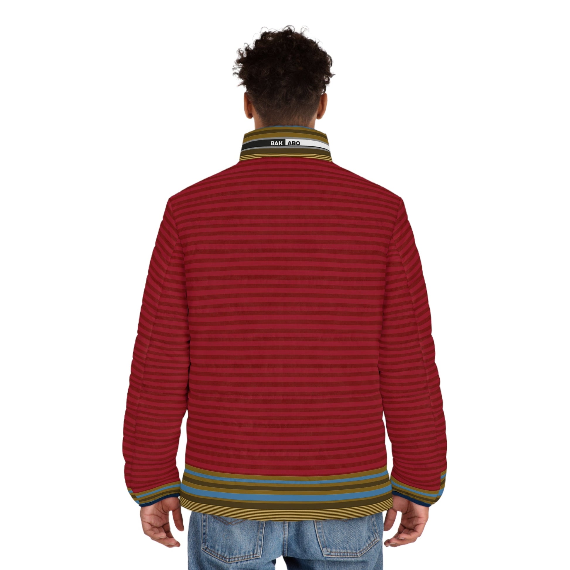 Men's Red Striped Puffer Jacket — Retro Multicolor Trim... Printify bakabo.club