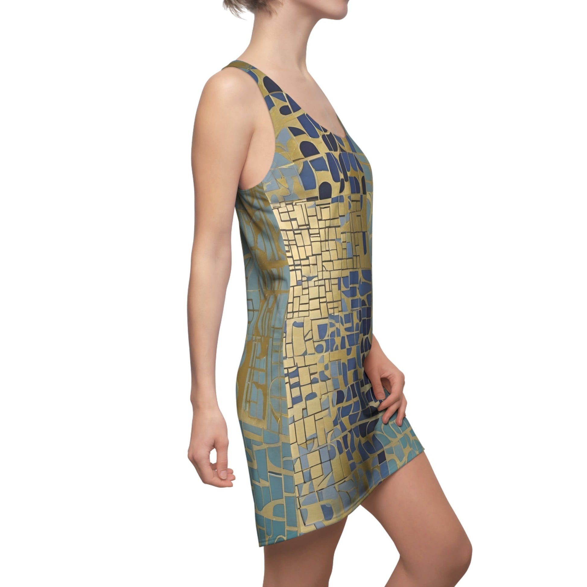 Blue & Gold Mosaic Racerback Dress – Abstract Tile Pattern Summer Dress