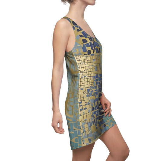 Blue & Gold Mosaic Racerback Dress – Abstract Tile Pattern Summer Dress