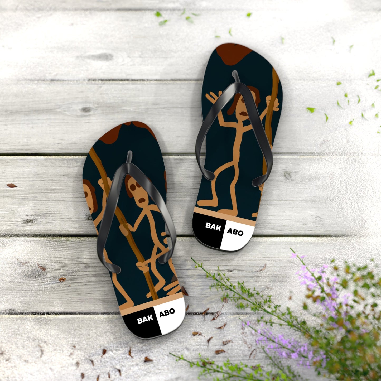 Tribal Stick Figure Flip Flops — Funky Beach Sandals with 'BAK ABO' Accent Printify bakabo.club
