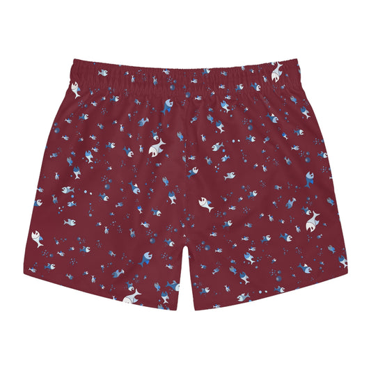Maroon Koi Print Swim Trunks — All-Over Fish Pattern Beach Shorts