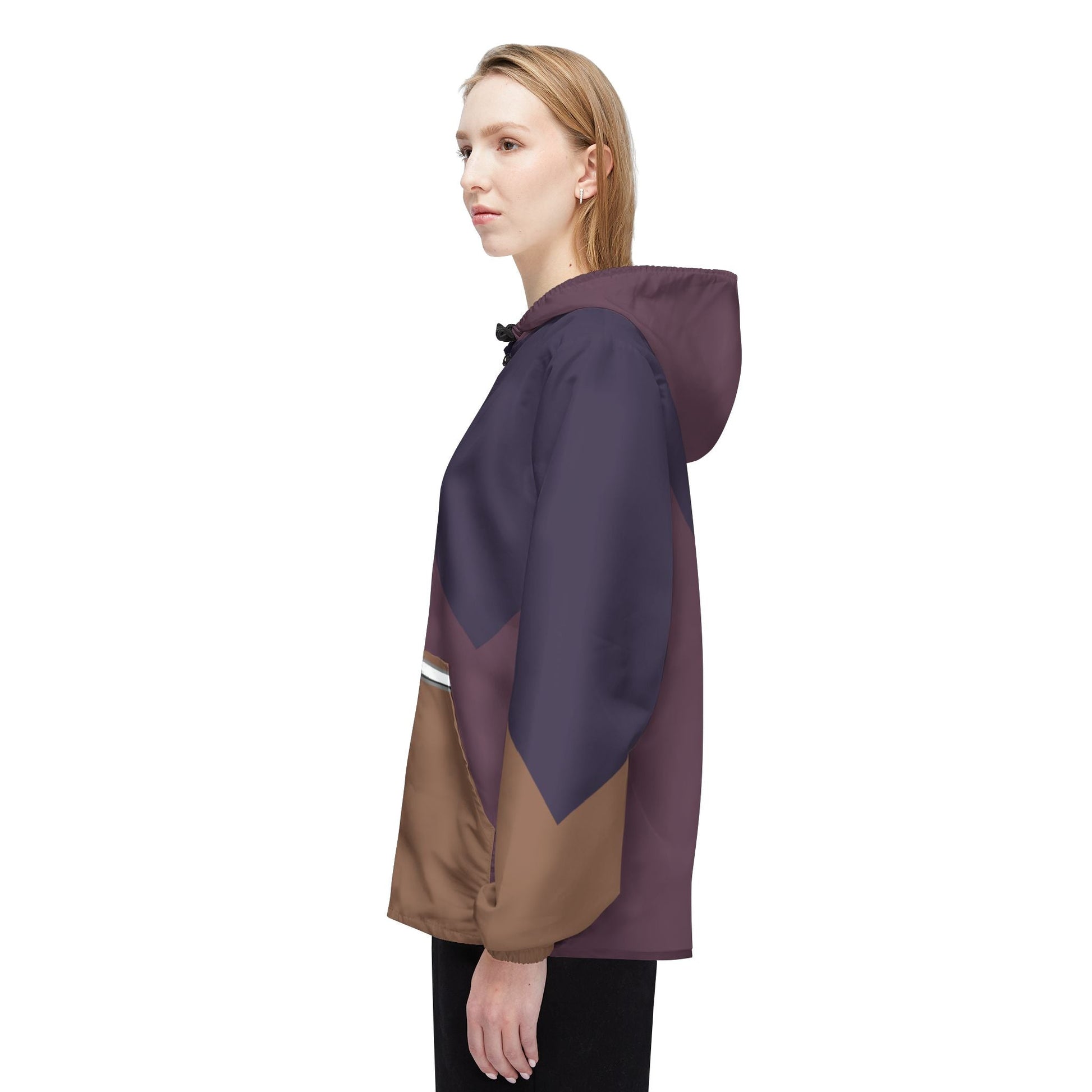 Geometric Chevron Windbreaker Jacket – Brown & Plum Colorblock Hooded Outerwear Printify bakabo.club