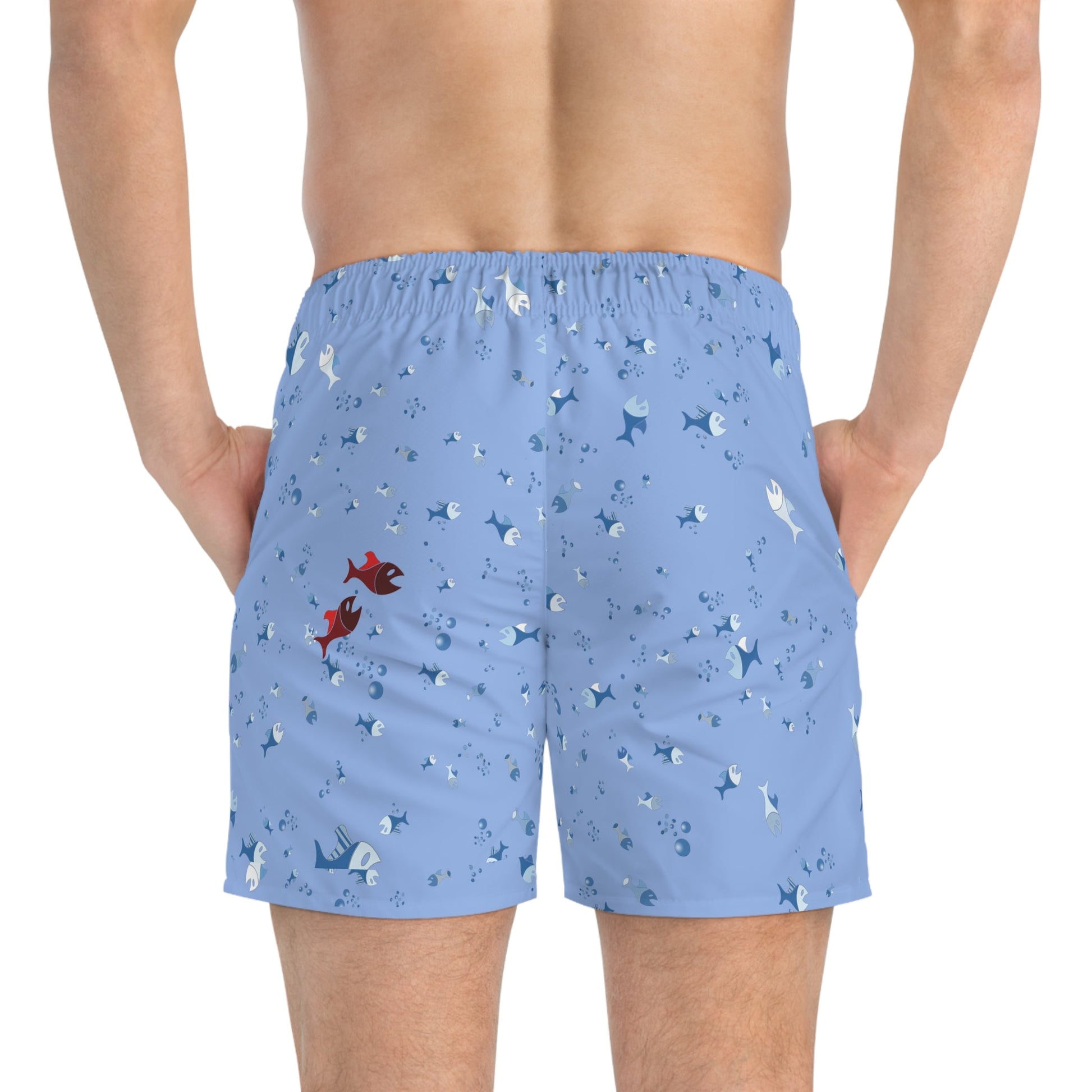 Shark & Fish Pattern Swim Trunks — Light Blue Beach Shorts Printify bakabo.club