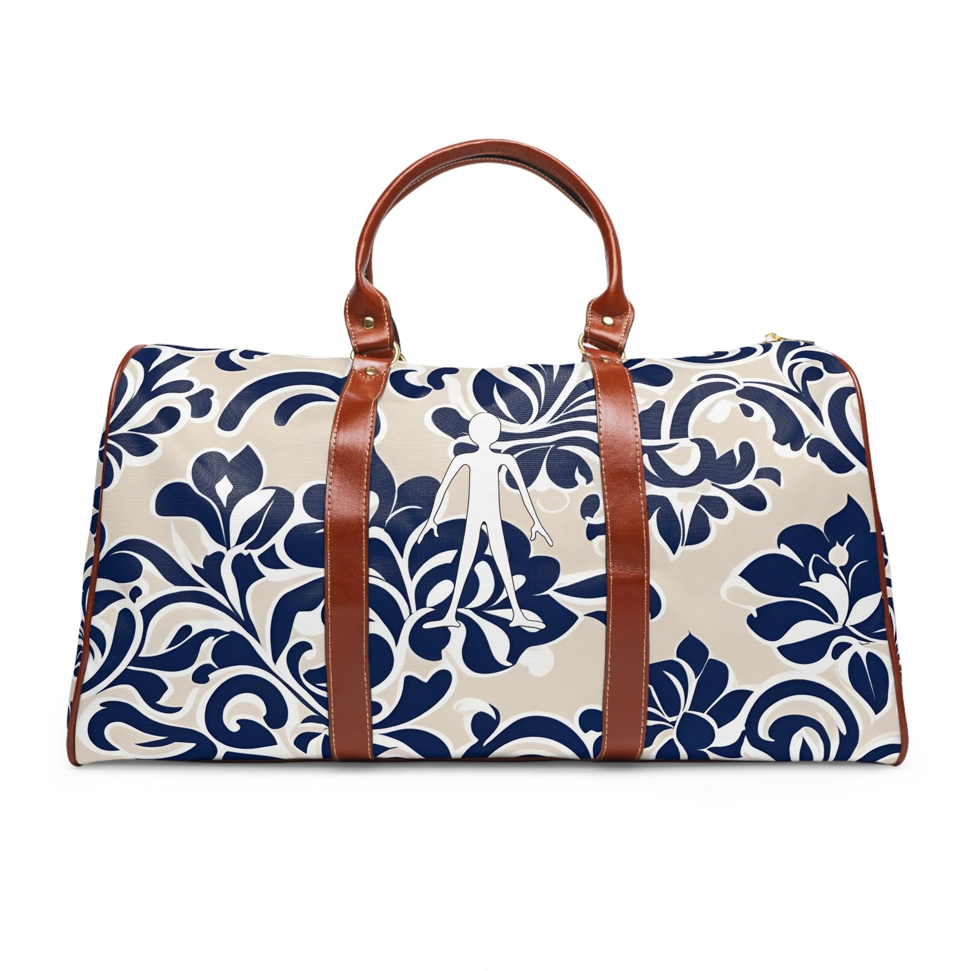 Navy Floral Waterproof Travel Bag – Weekender Duffle with Elegant Blue Damask Print Printify bakabo.club