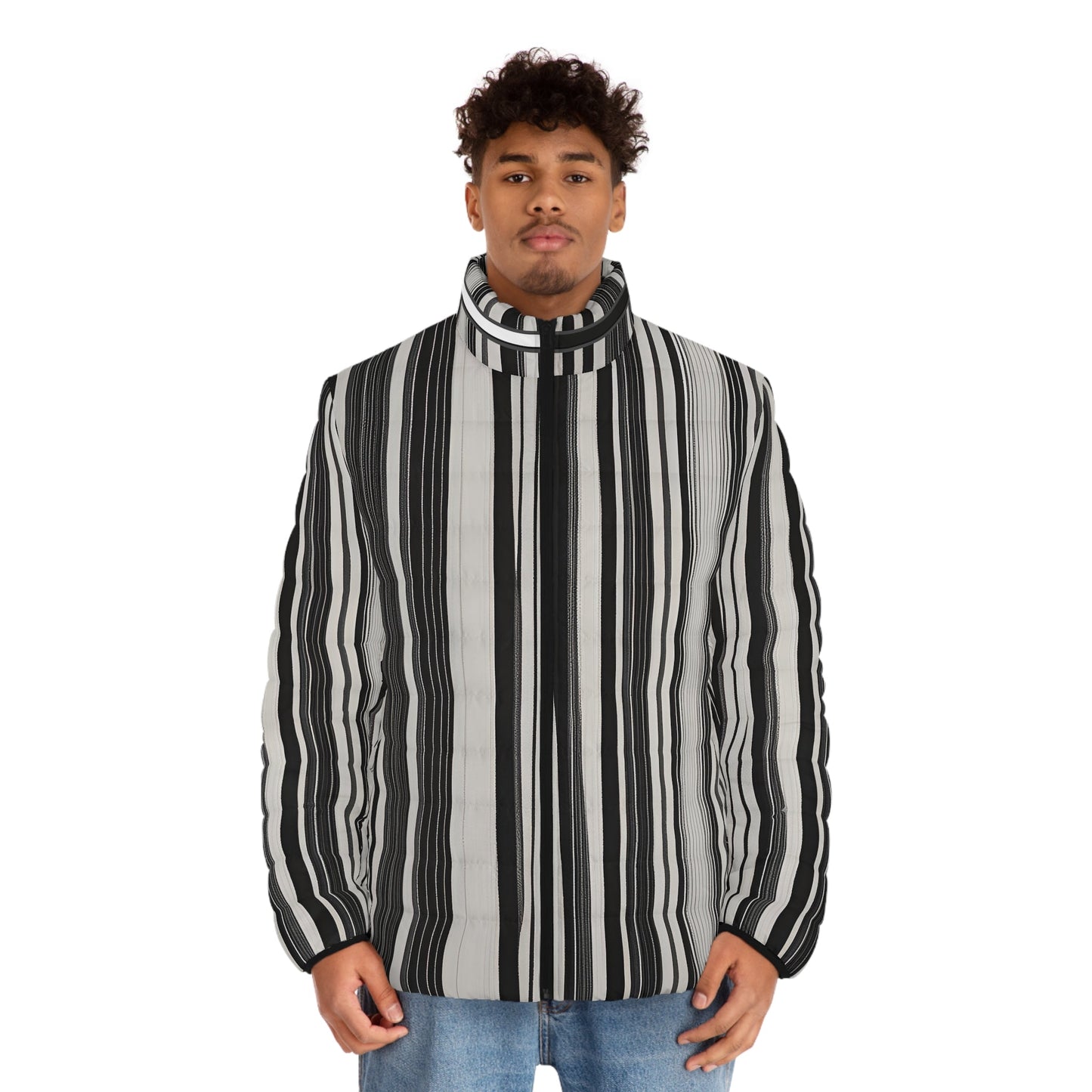 Striped Black & White Puffer Jacket — '176-761' Quilted Coat Printify bakabo.club