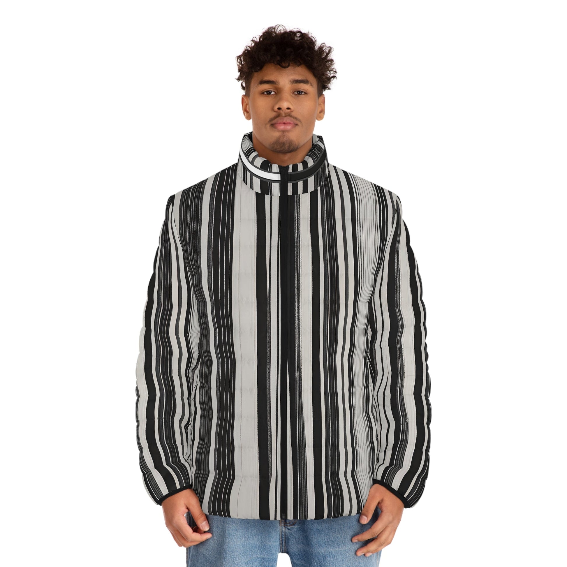 Striped Black & White Puffer Jacket — '176-761' Quilted Coat Printify bakabo.club