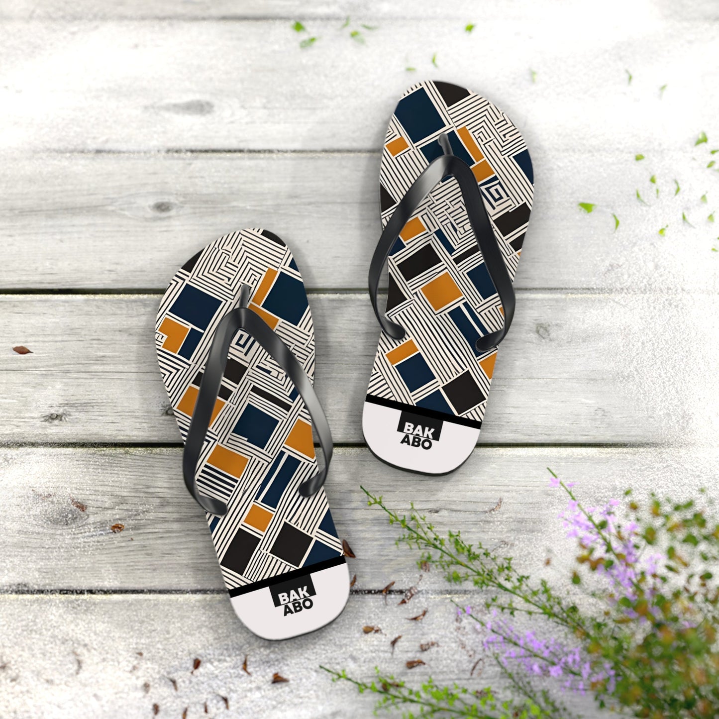 Geometric Pattern Flip Flops — Navy & Mustard Square Design Printify bakabo.club